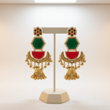 Kashmiri Green Red Meenakari Hexagon Jhumka Earrings with Antique Gold Ghungroo Drops
