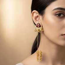 Maroon Meenakari Antique Gold Long Chain Jhumka Earrings with Ghungroo Tassels