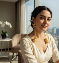 Kashmiri Ruby Stone Peacock Long Chain Jhumka Earrings in Antique Gold Finish