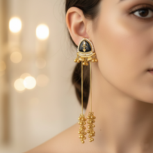 Antique Gold Black Meenakari Long Tassel Earrings with Pearl Border and Ghungroo Drops