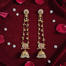 Kashmiri Ruby Floral Long Chain Jhumka Earrings with Pearl Bead Detailing in Antique Gold