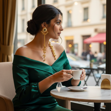 Antique Gold Green Stone Diamond Motif Long Tassel Earrings with Ghungroo Drops