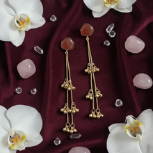 Ruby Red Triangle Stud Long Chain Drop Earrings with Gold Ghungroo Tassels