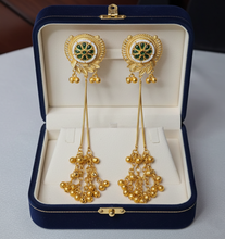 Kashmiri Green Enamel Floral Long Chain Jhumka Earrings with Antique Gold Finish