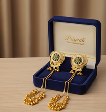 Kashmiri Green Enamel Floral Long Chain Jhumka Earrings with Antique Gold Finish