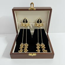 Antique Gold Black Meenakari Long Tassel Earrings with Pearl Border and Ghungroo Drops