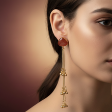 Ruby Red Triangle Stud Long Chain Drop Earrings with Gold Ghungroo Tassels