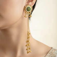 Antique Gold Green Meenakari Floral Stud Long Tassel Earrings with Ghungroo Drops