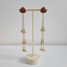 Ruby Red Triangle Stud Long Chain Drop Earrings with Gold Ghungroo Tassels