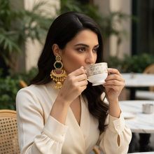 Kashmiri Green Pink Stone Layered Jhumka Earrings with Pearl Border and Antique Gold Finish