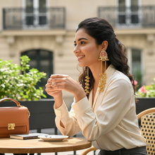 Antique Gold Pink Meenakari Triangle Stud Long Tassel Earrings with Ghungroo Drops