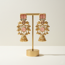 Kashmiri Blush Pink Stone Heritage Jhumka Earrings with Antique Gold Detailing