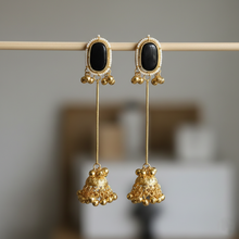 Kashmiri Black Stone Pearl Border Long Chain Jhumka Earrings in Antique Gold Finish