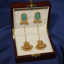 Kashmiri Sea Green Stone Pearl Border Long Chain Jhumka Earrings in Antique Gold Finish