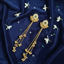 Antique Gold Green Stone Diamond Motif Long Tassel Earrings with Ghungroo Drops