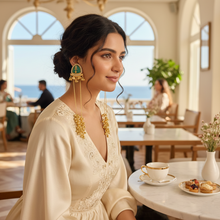 Antique Gold Green Meenakari Triangle Stud Long Tassel Earrings with Ghungroo Drops