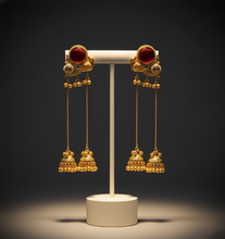 Kashmiri Ruby Stone Peacock Long Chain Jhumka Earrings in Antique Gold Finish