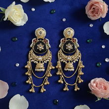 Black Stone Antique Gold Layered Jhumka Earrings with Meenakari & Chain Tassels