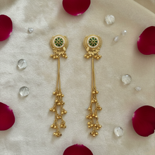 Antique Gold Green Meenakari Floral Stud Long Tassel Earrings with Ghungroo Drops