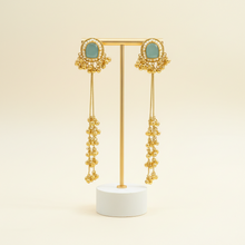 Antique Gold Green Stone Long Tassel Earrings with Ghungroo Drops