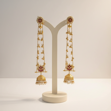 Kashmiri Ruby Floral Long Chain Jhumka Earrings with Pearl Bead Detailing in Antique Gold