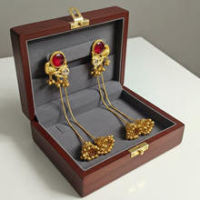 Antique Gold Peacock Design Red Stone Long Jhumka Tassel Earrings with Ghungroo Beads – Traditional Ethnic Wedding Jewelry