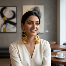 Kashmiri Green Red Meenakari Hexagon Jhumka Earrings with Antique Gold Ghungroo Drops