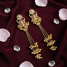 Antique Gold Floral Red Meenakari Long Tassel Earrings with Ghungroo Drops