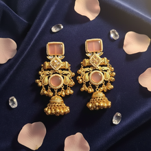 Kashmiri Blush Pink Stone Heritage Jhumka Earrings with Antique Gold Detailing