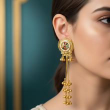 Royal Kashmiri Floral Enamel Long Chain Jhumka Earrings in Antique Gold Finish