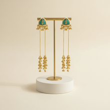 Antique Gold Green Meenakari Triangle Stud Long Tassel Earrings with Ghungroo Drops