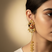Antique Gold Red Meenakari Teardrop Long Tassel Earrings with Kundan Stone & Ghungroo Drops