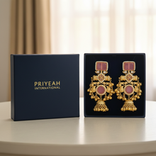 Royal Kashmiri Pink Stone Heavy Jhumka Earrings with Antique Gold Finish