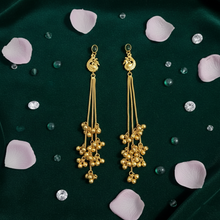 Antique Gold Peacock Motif Long Tassel Earrings with Green Stone Stud and Ghungroo Drops