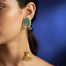 Kashmiri Sea Green Stone Pearl Border Long Chain Jhumka Earrings in Antique Gold Finish