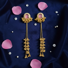 Pink Stone Kashmiri Long Tassel Earrings | Antique Gold Finish Traditional Ethnic Earrings for Women