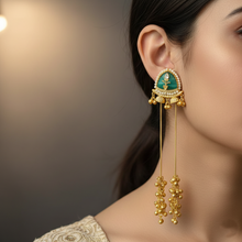 Antique Gold Green Meenakari Triangle Stud Long Tassel Earrings with Ghungroo Drops
