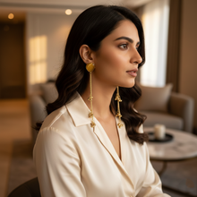 Kashmiri Honey Amber Stone Long Chain Ghungroo Earrings in Antique Gold Finish