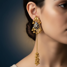 Royal Kashmiri Blue Meenakari Long Tassel Jhumka Earrings in Antique Gold Finish