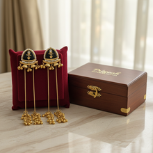 Antique Gold Black Meenakari Long Tassel Earrings with Pearl Border and Ghungroo Drops