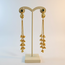 Antique Gold Peacock Motif Long Tassel Earrings with Green Stone Stud and Ghungroo Drops