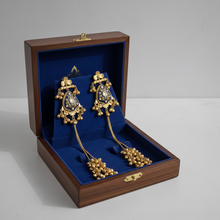 Royal Kashmiri Blue Meenakari Long Tassel Jhumka Earrings in Antique Gold Finish