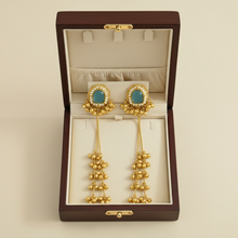 Antique Gold Green Stone Long Tassel Earrings with Ghungroo Drops