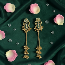 Antique Gold Green Meenakari Floral Long Tassel Earrings with Ghungroo Drops