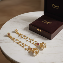 Kashmiri Ruby Floral Long Chain Jhumka Earrings with Pearl Bead Detailing in Antique Gold