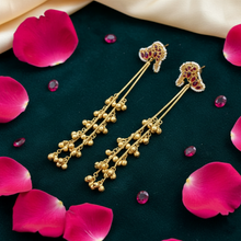 Handcrafted Kashmiri Jhumka Earrings with Ruby Enamel & Golden Bead Tassels