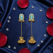 Kashmiri Sea Green Stone Pearl Border Long Chain Jhumka Earrings in Antique Gold Finish
