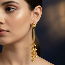 Antique Gold Peacock Motif Long Tassel Earrings with Green Stone Stud and Ghungroo Drops