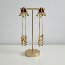 Maroon Meenakari Antique Gold Long Chain Jhumka Earrings with Ghungroo Tassels