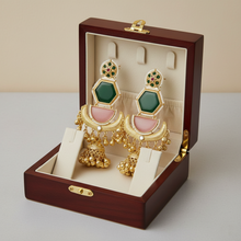 Kashmiri Green Pink Stone Layered Jhumka Earrings with Pearl Border and Antique Gold Finish